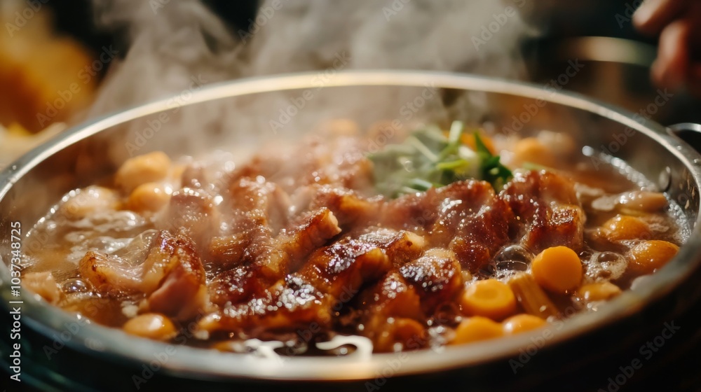 Savory Hot Pot with Tender Meat and Fresh Ingredients Savory Hot Pot with Tender Meat and Fresh Ingredients