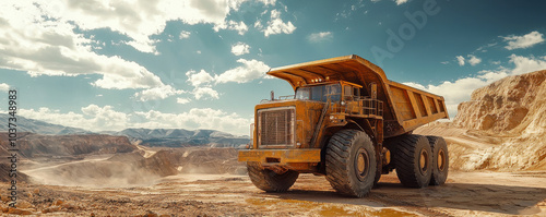 Massive industrial mining truck parked on rocky terrain under bright sky, showcasing its robust design and powerful presence in mining environment
