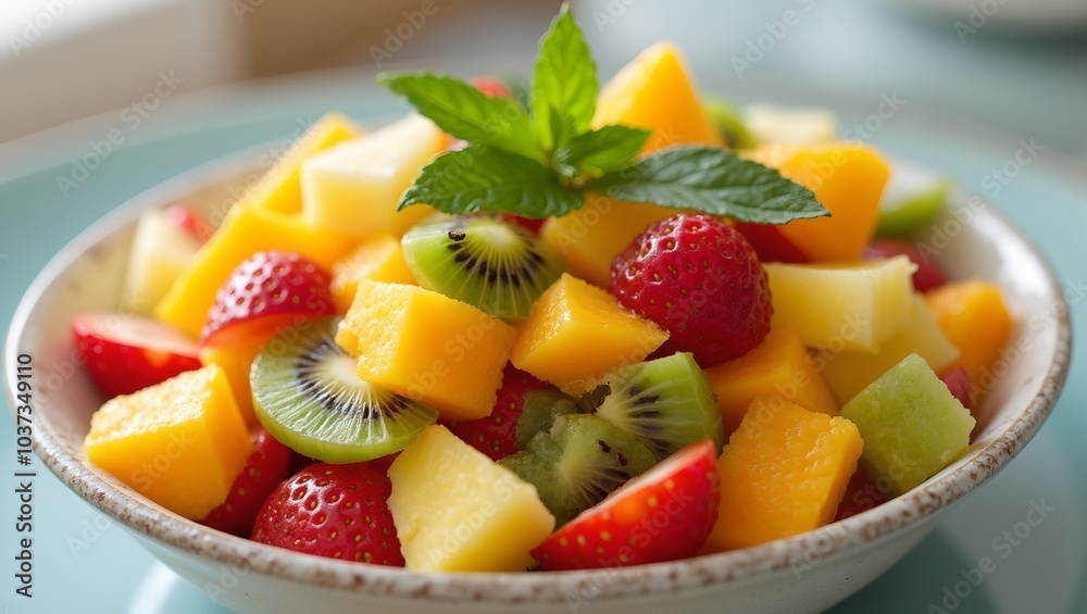 Fresh tropical fruit salad with mango kiwi strawberries and pineapple slices topped with mint Fresh tropical fruit salad with mango kiwi strawberries and pineapple slices topped with mint