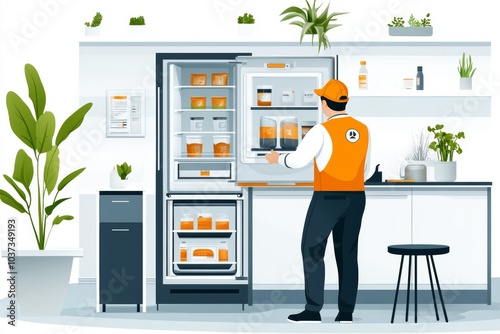 Un trabajador con chaleco naranja inspecciona un refrigerador en una cocina moderna, rodeado de plantas. Representado en estilo de ilustración vectorial plana.

