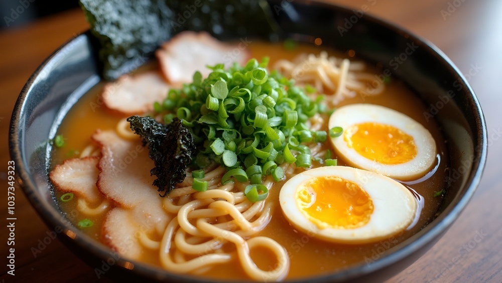 Delicious bowl of ramen with soft boiled eggs and pork slices Delicious bowl of ramen with soft boiled eggs and pork slices