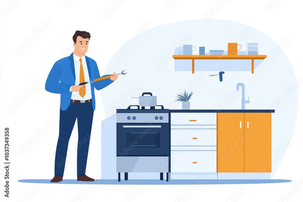 Un hombre de negocios en traje sostiene herramientas frente a una estufa en una cocina moderna. La imagen está realizada en un estilo de ilustración vectorial plana.
Un hombre de negocios en traje sostiene herramientas frente a una estufa en una cocina moderna. La imagen está realizada en un estilo de ilustración vectorial plana.