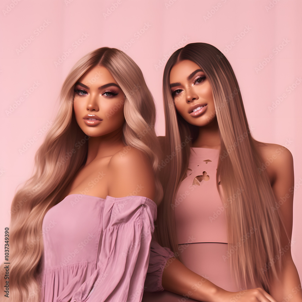 two beautiful models photographed against professional studio background wit super long wavy, straight hair smiling and looking happy two beautiful models photographed against professional studio background wit super long wavy, straight hair smiling and looking happy
