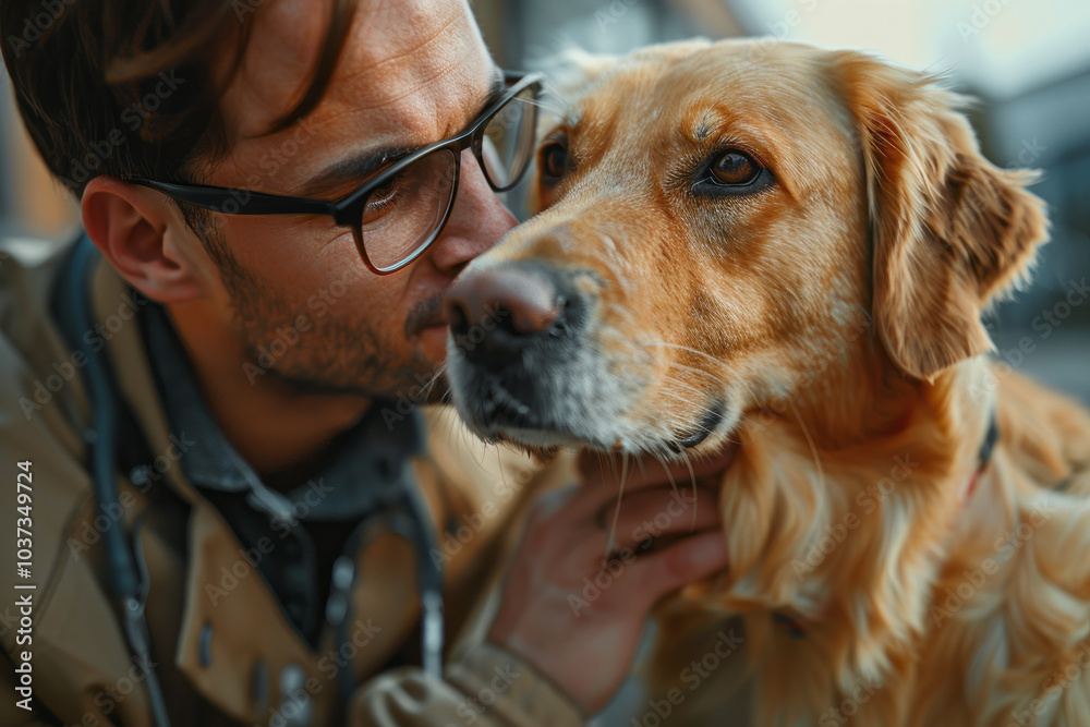 Man veterinarian holding a dog, happy doctor with dog at vet clinic . Generative AI Man veterinarian holding a dog, happy doctor with dog at vet clinic . Generative AI