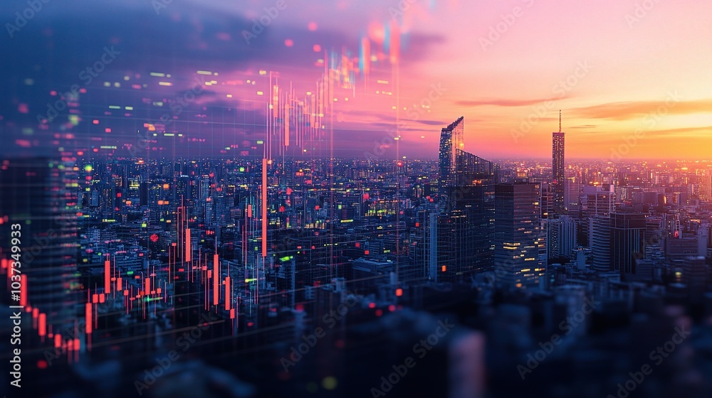 Fototapeta premium Urban Skyline at Dusk with Data Visualization Elements