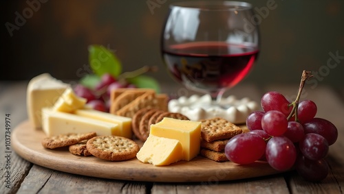 Sophisticated wine and cheese platter with red wine assorted cheeses crackers and grapes