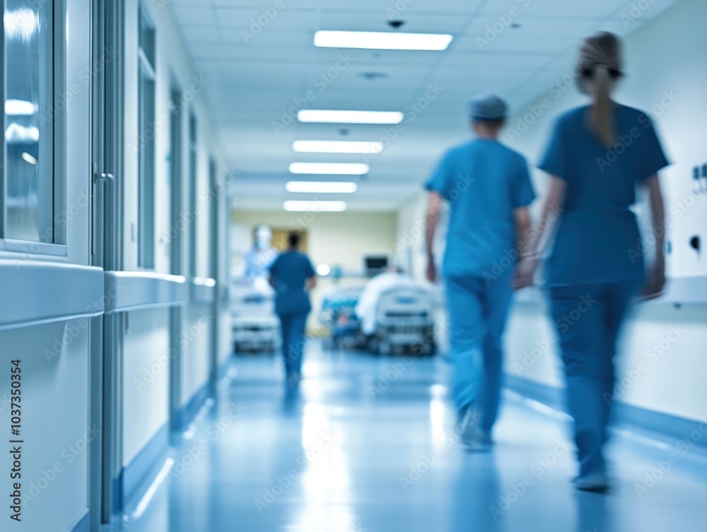 Fototapeta premium A blurry corridor in a hospital with healthcare workers in scrubs walking, conveying a busy medical environment.