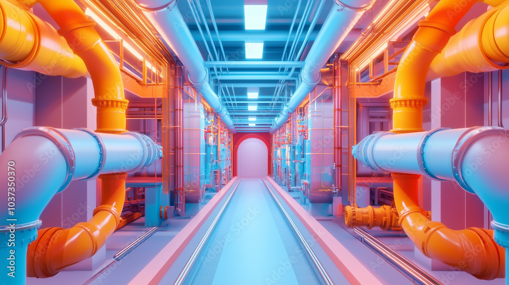 A futuristic, neon-lit hallway lined with colorful pipes, modern factory abstract background.
