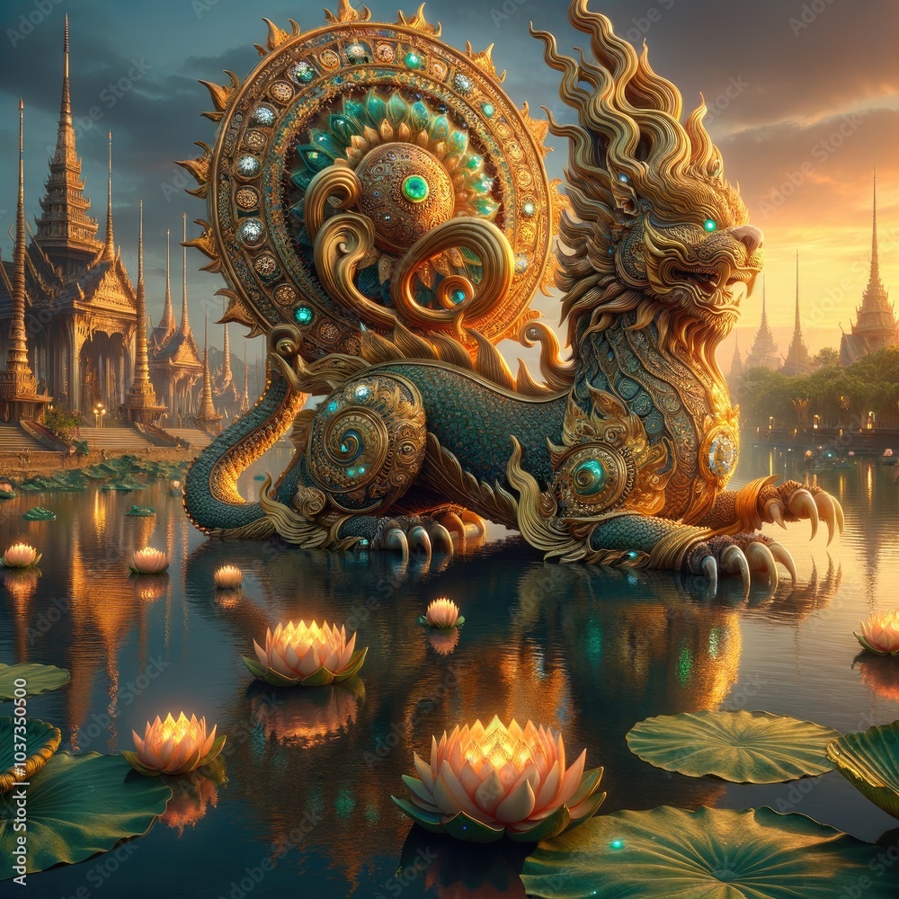 Fototapeta premium Majestic Mythical lion-Dragon: A Regal Creature with Ornate Jewel-Encrusted Shell Gliding Through a Lotus-Filled Lake Under a Glowing Sunset in a Mystical Landscape