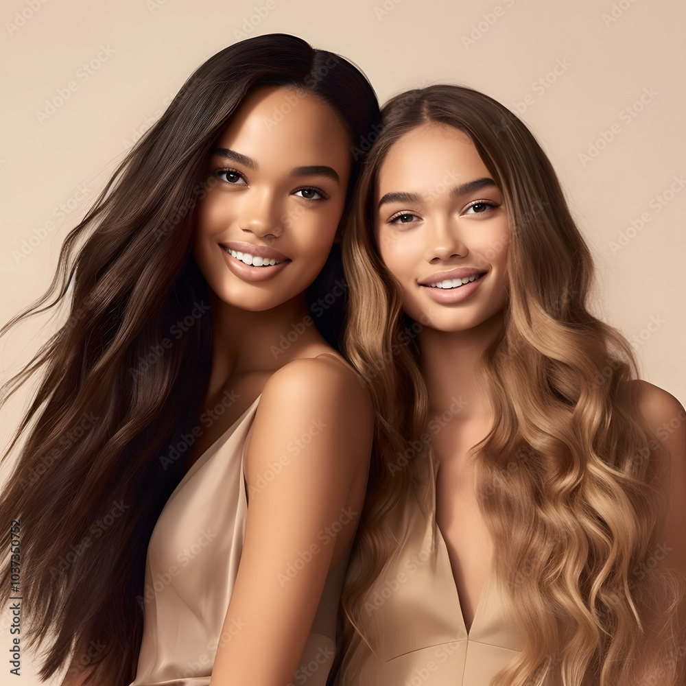 two beautiful models, diversity, ethnicity, with extra long, smooth, silky, luxury looking hair two beautiful models, diversity, ethnicity, with extra long, smooth, silky, luxury looking hair