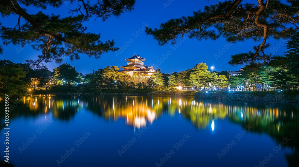Night view of Hikone Castle during the illumination event, the castle is lit up with lights in every corner, the surrounding trees reflect the light, Ai generated images Night view of Hikone Castle during the illumination event, the castle is lit up with lights in every corner, the surrounding trees reflect the light, Ai generated images