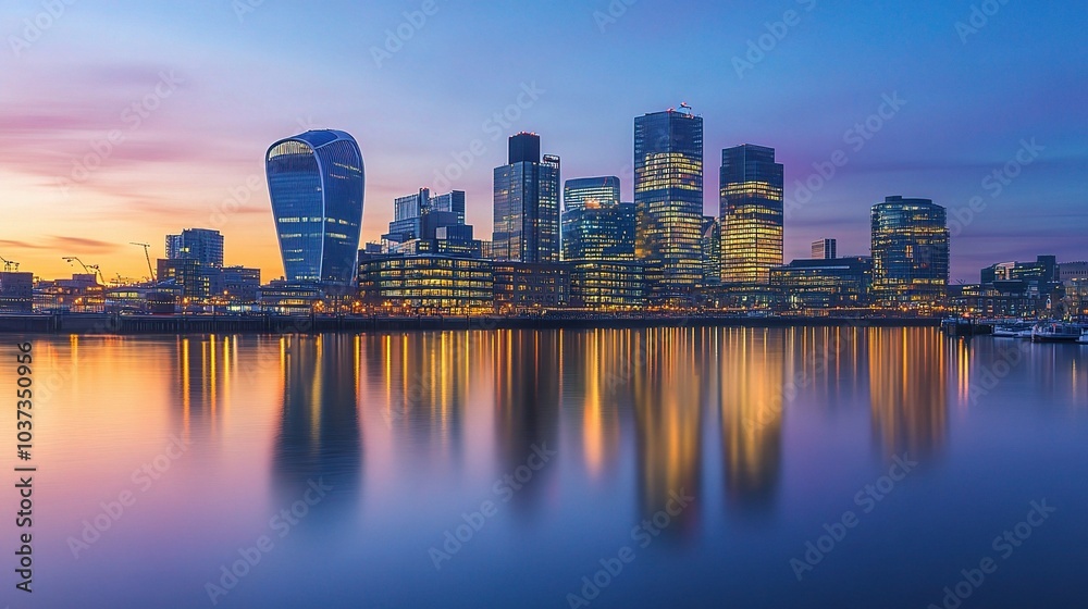 Fototapeta premium Stunning Cityscape Reflection at Sunset