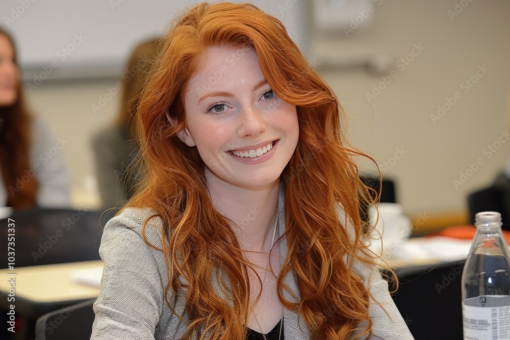 Smiling young woman with long red hair in classroom setting during a group discussion Smiling young woman with long red hair in classroom setting during a group discussion