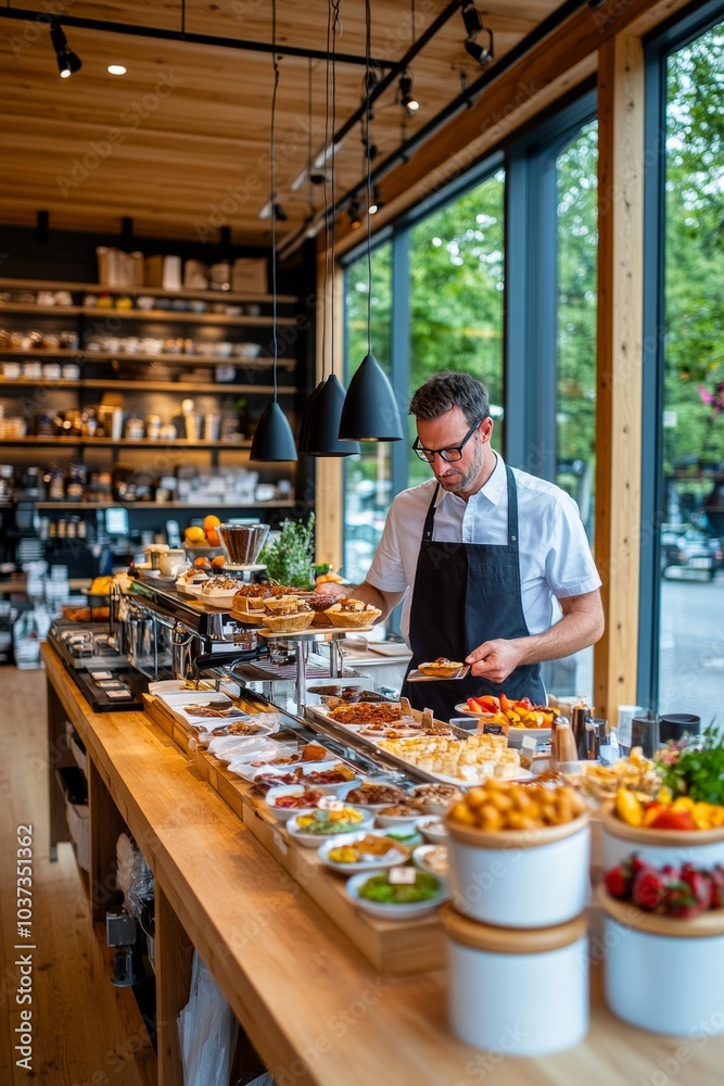 Foto de Un chef sirve comida en un plato en un buffet de un restaurante ...