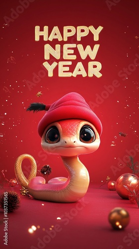 Adorable serpiente animada con gorro navideño deseando 