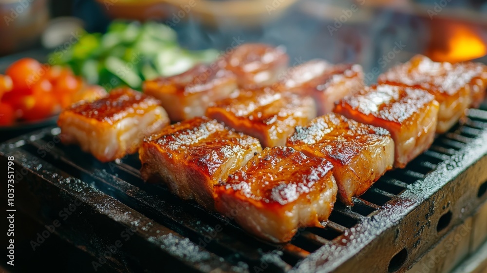 Grilled Meat Over Charcoal with Fresh Vegetables Grilled Meat Over Charcoal with Fresh Vegetables