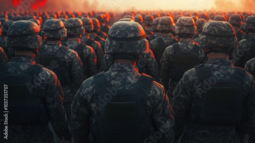 Soldados en formación al amanecer, grupo de militares en uniforme de camuflaje con luz cálida, concepto de disciplina y estrategia photo