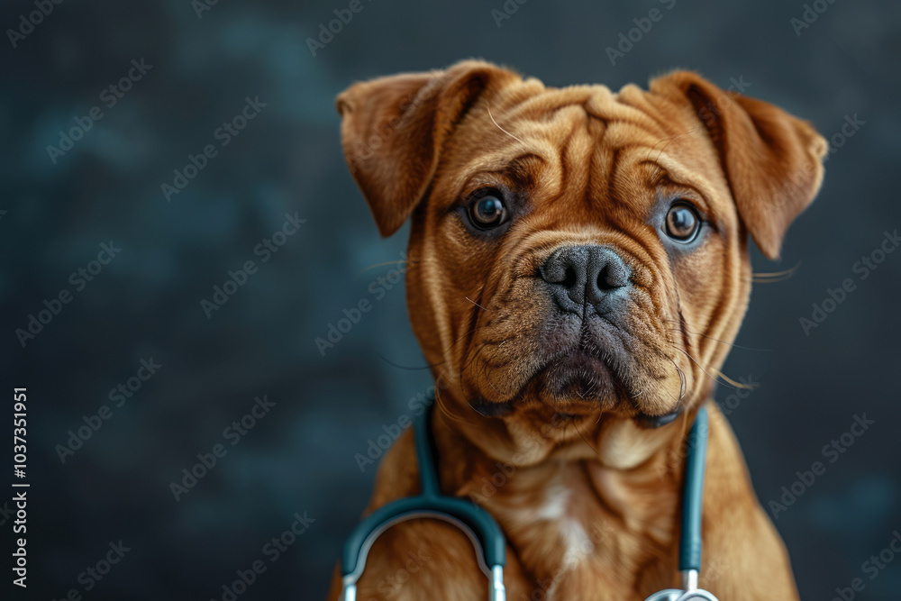 Dog and stethoscope isolated on black background. Little dog on reception at veterinary doctor. Generative AI Dog and stethoscope isolated on black background. Little dog on reception at veterinary doctor. Generative AI