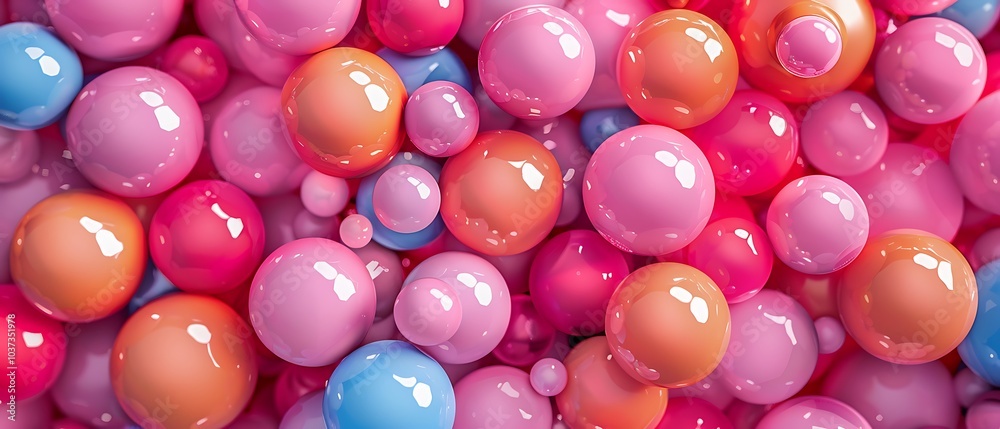 Vibrant collection of glossy colorful spheres in pink orange and blue hues creating a playful visual experience Vibrant collection of glossy colorful spheres in pink orange and blue hues creating a playful visual experience