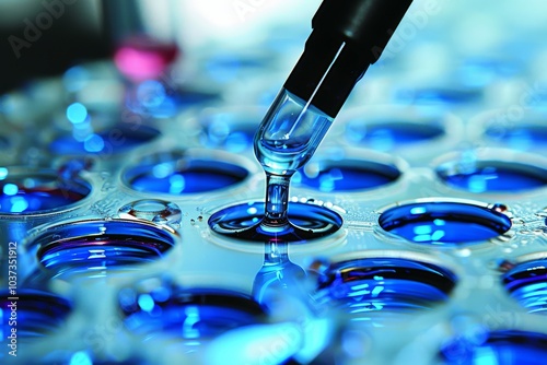 Close-up of a pipette adding liquid to blue-tinted wells in a laboratory setting during a scientific experiment photo