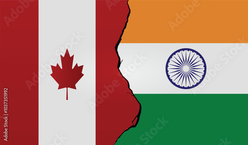 India and Canada painted flags on a wall with a crack. India and Canada relations