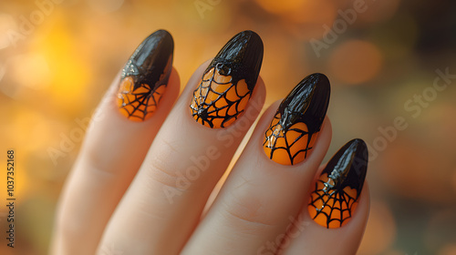 Artistic View of Stunning Halloween-Themed Black and Orange Nails with Intricate Spider Designs Illuminated by Autumn Sunlight