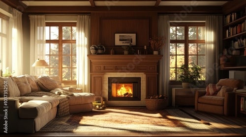 A cozy living room with a fireplace, warm lighting, and inviting decor.