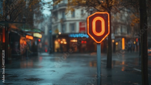 Traffic sign on a rainy day, showcasing the city's iconic streets and weather conditions.