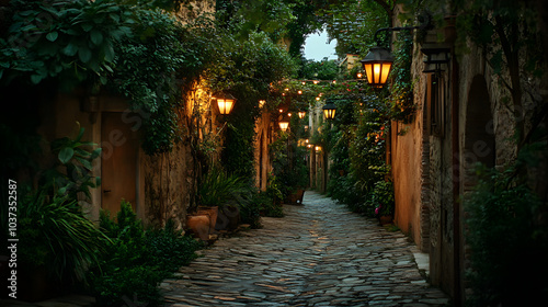 Historic Street Illuminated by Vintage Streetlamps, Showcasing a Unique Cobblestone Floor and Lush Landscaping at Dusk