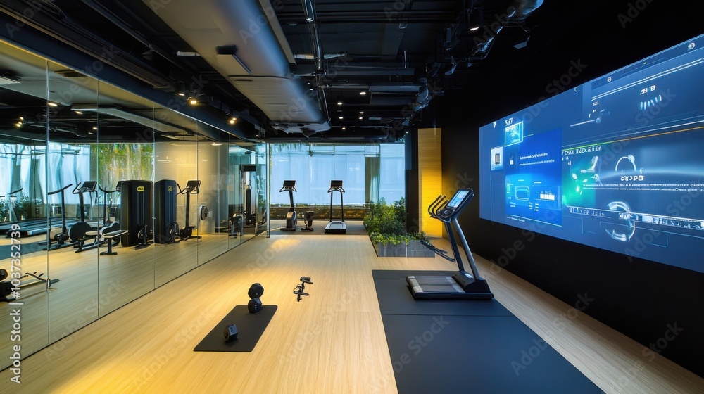 Obraz premium A modern gym with smart equipment and interactive fitness classes displayed on large screens, Fitness innovation theme, Energizing style