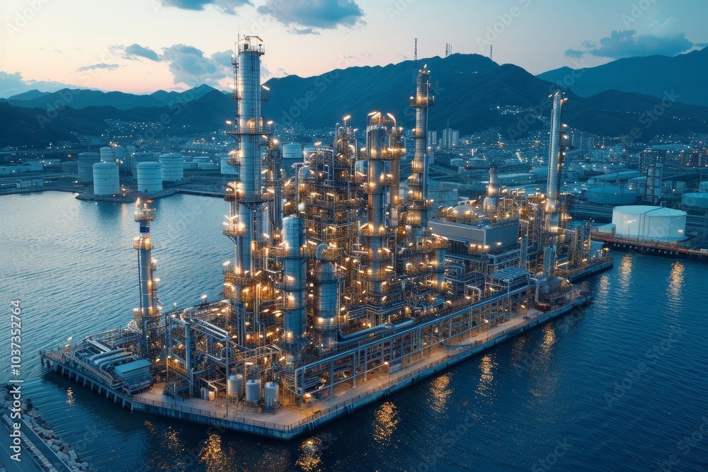 Obraz premium Aerial view of a sprawling industrial oil refinery at dusk highlighting its towering structures and shimmering lights against the mountainous backdrop