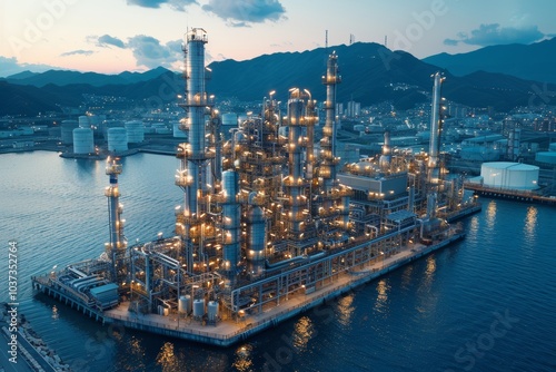 Aerial view of a sprawling industrial oil refinery at dusk highlighting its towering structures and shimmering lights against the mountainous backdrop photo