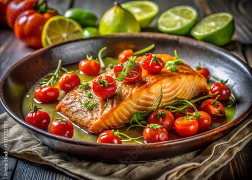 PanSeared Salmon with Roasted Tomatoes and Lime Wedges - A Culinary Delight for Food Lovers photo