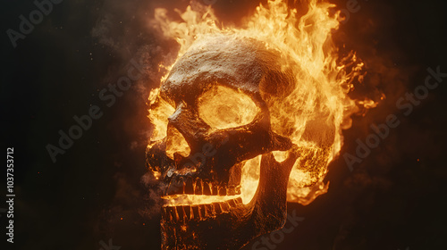 A Breathtaking Hyper Detailed Image of a Flaming Dirty Human Bone Skull Set Against a Profoundly Black Background with Captivating Cinematic Lighting photo