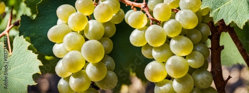 A banner of white grapes in close-up on a stem in a grape field. With a place for the text.