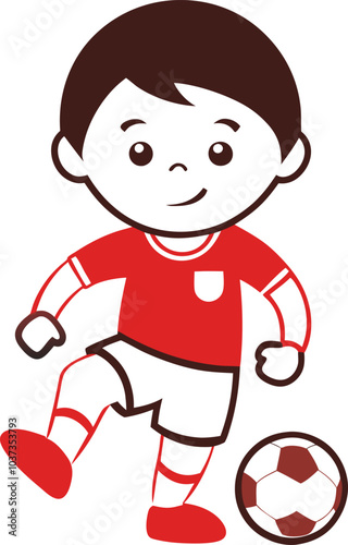 Little Soccer Star: A cartoon illustration of a young boy in a red jersey, ready to dribble the ball, radiating pure joy and passion for the beautiful game.  