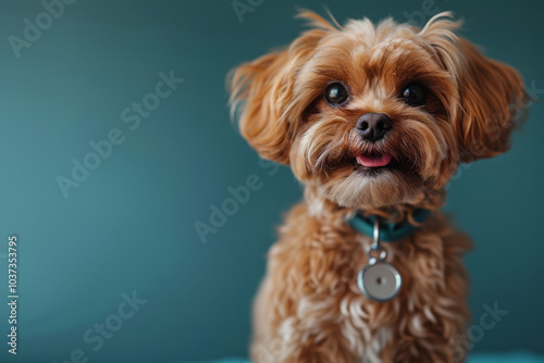 Dog and stethoscope isolated on black background. Little dog on reception at veterinary doctor. Generative AI