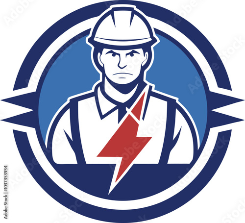 Electrician Logo: A bold, stylized illustration of an electrician in a hardhat and jumpsuit, with a red lightning bolt symbolizing power and expertise.  The design is perfect for branding.