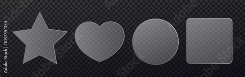 Blurry glass effect elements. Set of glass elements with different shapes. Glass frames. Transparent clear plastic texture. Blurry glass panel.