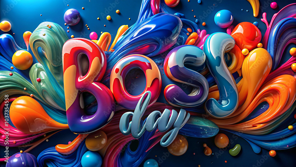 Colorful Happy Boss Day with vibrant paint splatter background, 3D