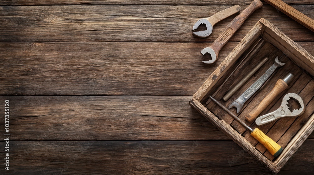 A wooden box filled with various hand tools on a rustic wooden surface. A wooden box filled with various hand tools on a rustic wooden surface.