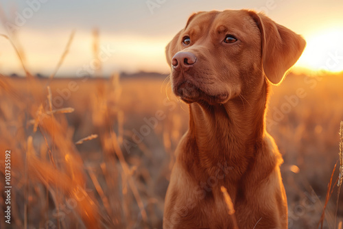 dog standing in a meadow, facing the camera. Generative AI