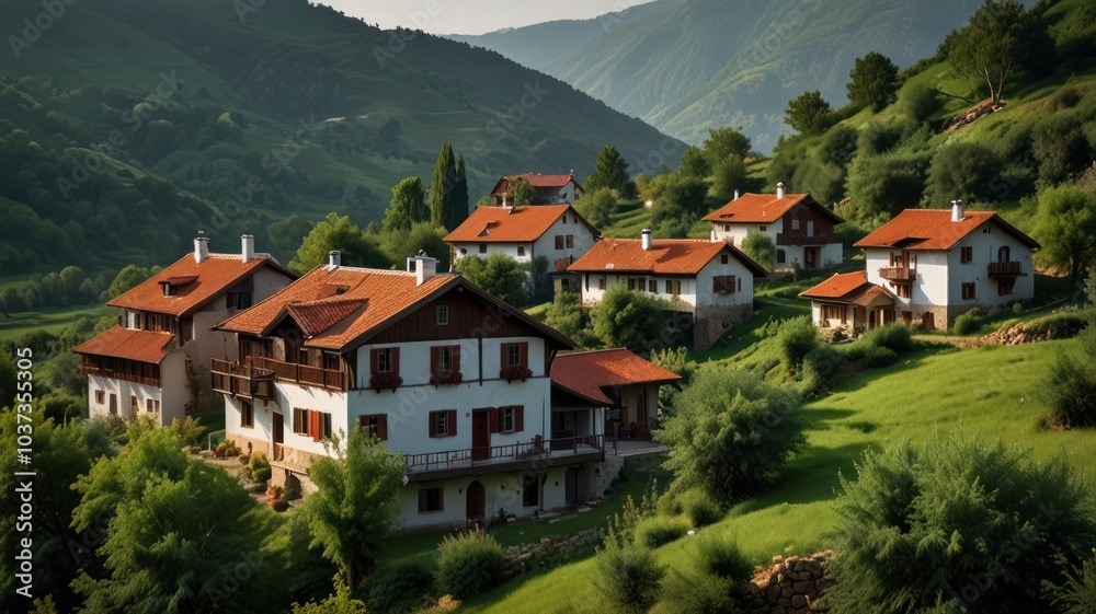 A quaint village nestled in a lush green valley, surrounded by mountains. A quaint village nestled in a lush green valley, surrounded by mountains.