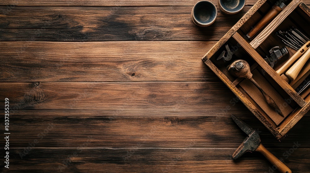 A wooden workspace with tools and a storage box for crafting and DIY projects. A wooden workspace with tools and a storage box for crafting and DIY projects.