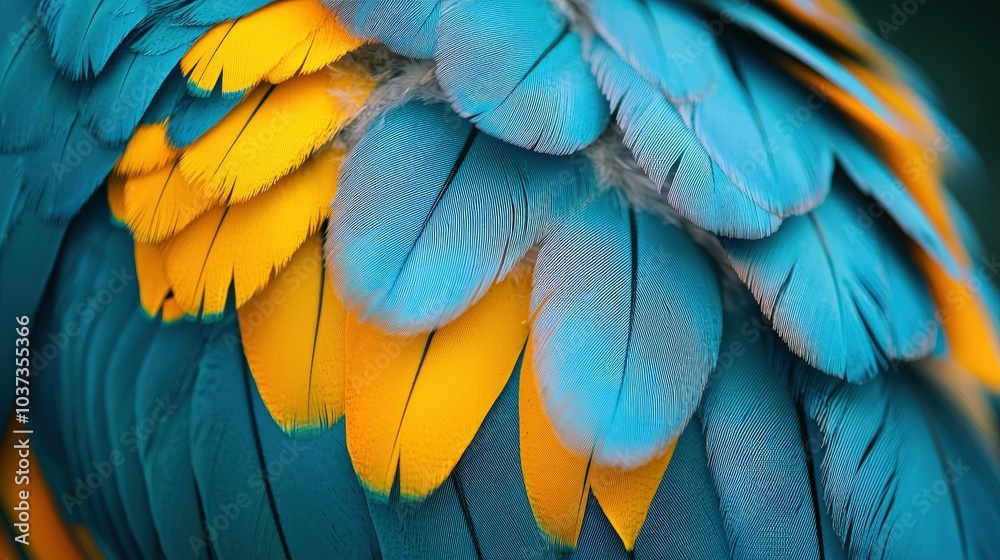 Fototapeta premium Vibrant Turquoise and Yellow Parrot Feathers Close up Texture