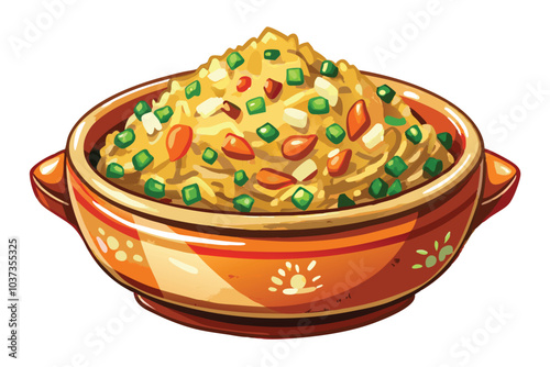 Vibrant Watercolor Fried Rice Illustration on White Background.