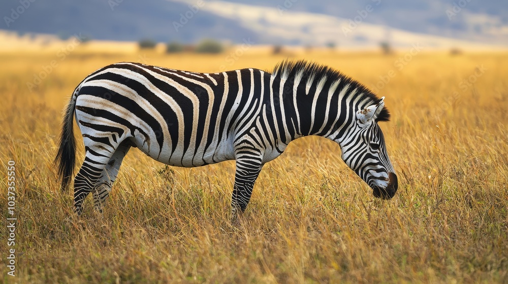 Obraz premium Zebra Grazing in Golden Meadow Wildlife Photography African Savanna Stripes Nature
