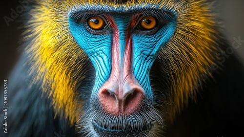 Close up Portrait of a Vibrant Mandrill with Striking Blue Face and Yellow Fur