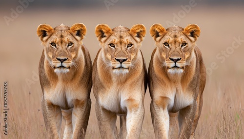 Three lions walking together in a grassy landscape.