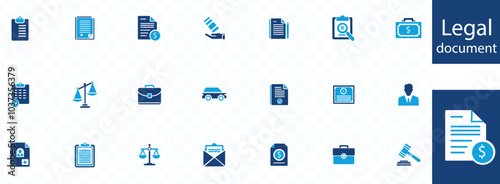 Legal document icon set. Containing contract, agreement, passport, ID card, certificate, license, patent, testament and more